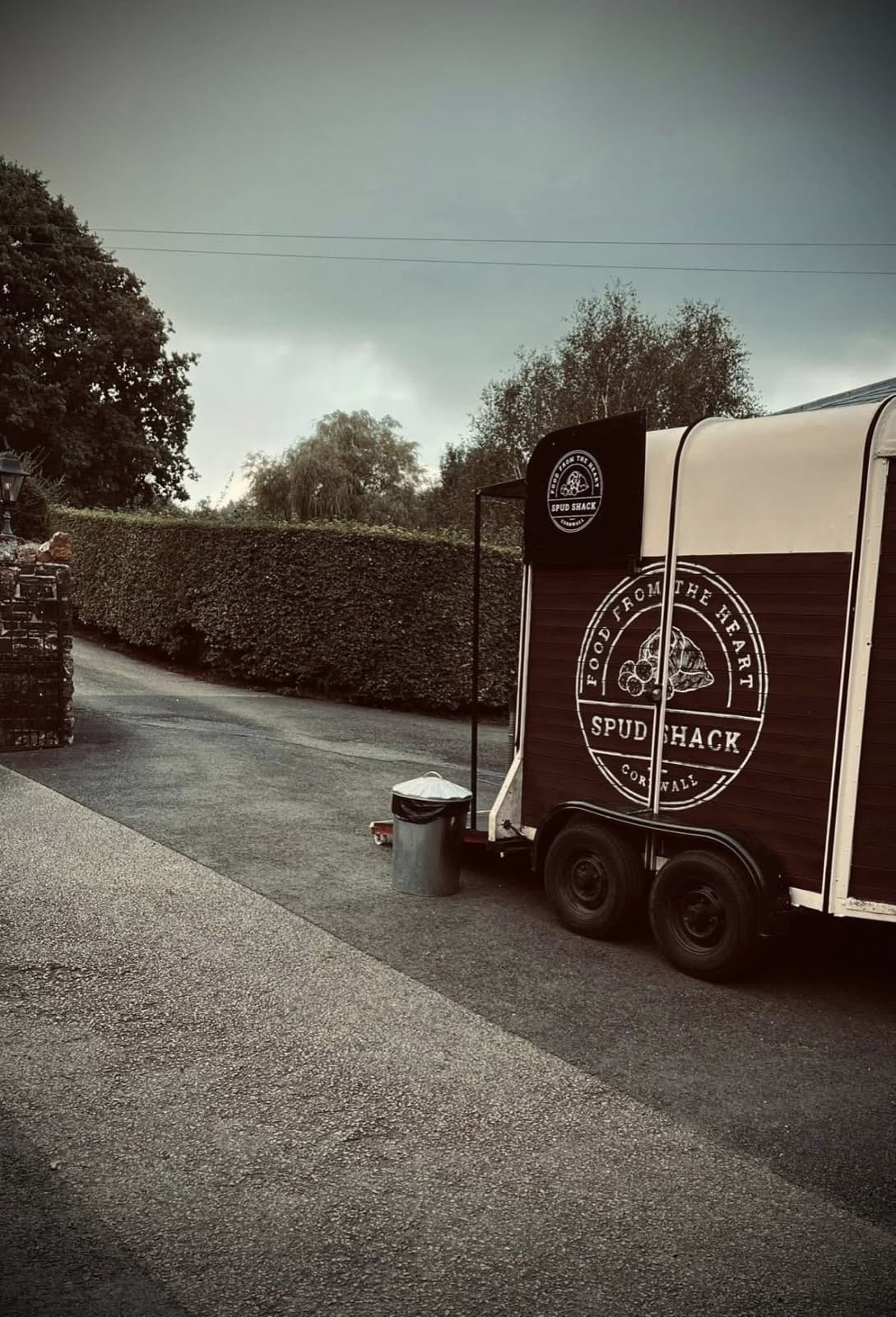 The Spud Shack horse-trailer kitchen with the Food from the Heart roundel, parked at a Cornwall event