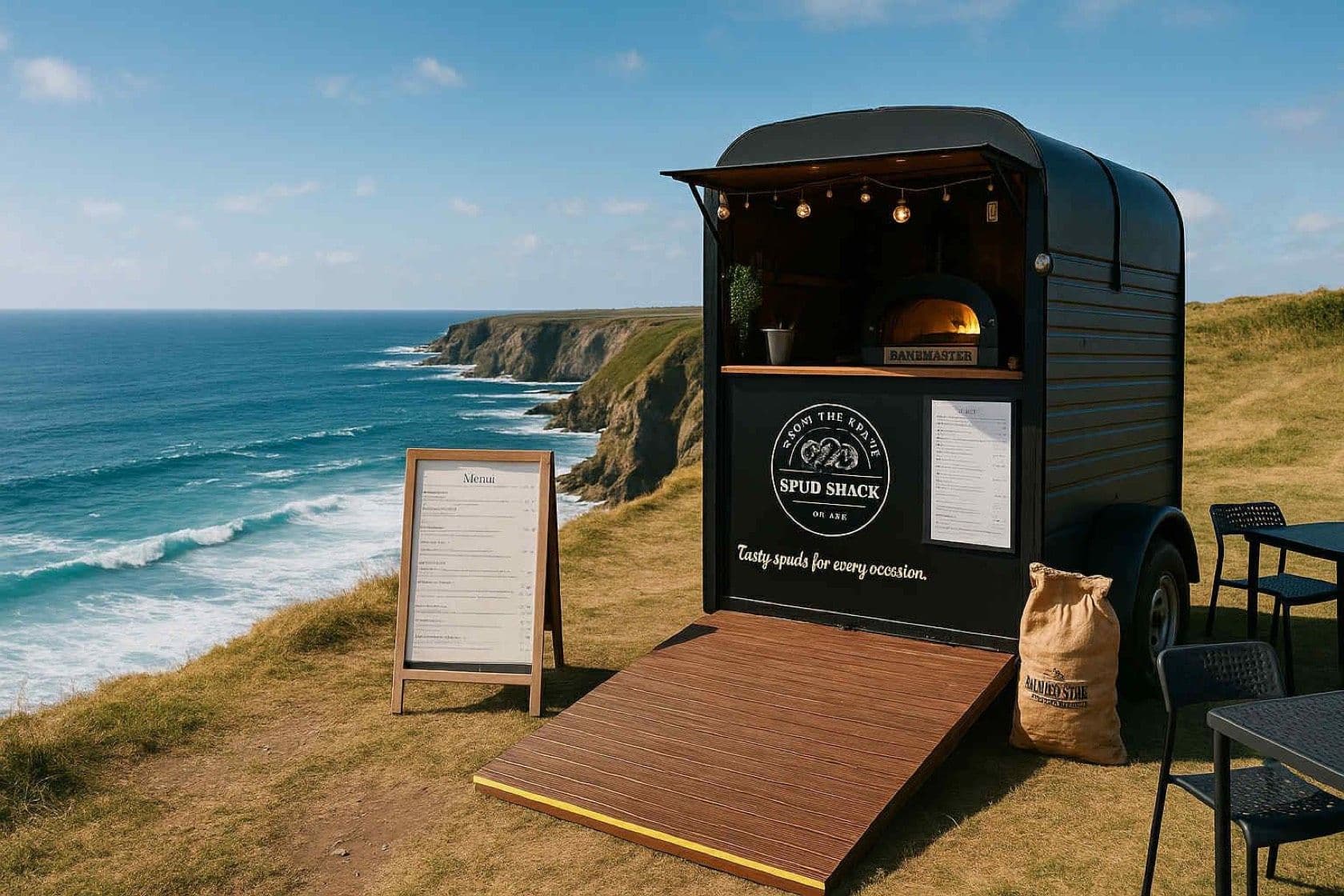 Spud Shack horse-box trailer on a north Cornwall cliff between Tintagel and Bude, ocean horizon behind